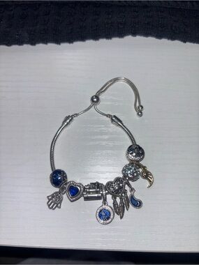 Pandora Silver Charm Bracelet with Blue and Gold Accents